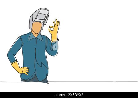 Ein einziger Schweißgerät mit Geste OK arbeitet bei der Konstruktion von Gebäuden, die einen Stahlrahmen bilden, der durch Feuer geschmolzen wird. Dynamisches Modell Stock Vektor