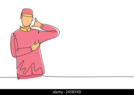 Durchgehend einzeiliger Hotelportier mit Call Me Geste und ordentlicher Uniform. Die Gäste werden freundlich und herzlich serviert. Berufskonzept. Singen Stock Vektor