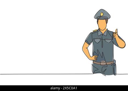 Durchgehende eine Linie, die den Polizisten mit einer Daumen-nach-oben-Geste und in voller Uniform zieht, ist bereit, die Verkehrsdisziplin auf der Autobahn durchzusetzen. Einzel l Stock Vektor
