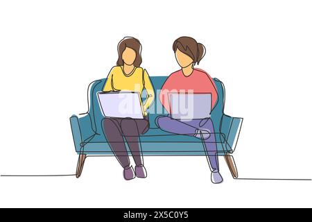 Durchgehende Linie, die zwei Frauen mit einem Laptop auf dem Sofa zeigt. Freiberufler, Fernunterricht, Online-Kurse und Studienkonzept. Si Stock Vektor