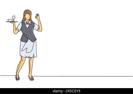 Durchgehende einzeilige Bedienung stand mit Geste in Ordnung auf und brachte ein Tablett mit Trinkgläsern, um den Restaurantgästen anzubieten. Berufstätigkeit. Sünde Stock Vektor