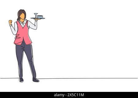 Eine einzeilige Kellnerin stand mit Feiern auf und brachte ein Tablett mit Trinkgläsern, um den Restaurantgästen anzubieten. Erfolgreicher Job. Fortlaufend Stock Vektor