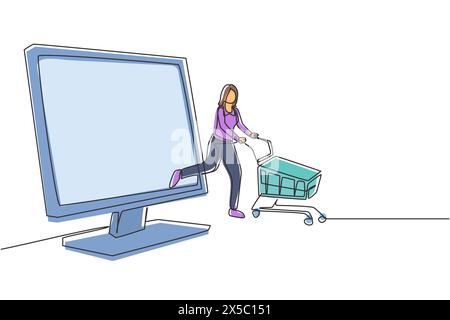 Durchgehende eine Linie, die junge Frau, die aus dem Monitor kommt, einen Einkaufswagen schiebt. Verkauf, digitaler Lebensstil, Konsumismus, Menschenkonzept. Sünde Stock Vektor