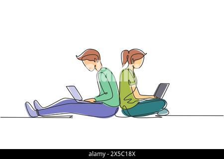 Durchgehende, einzeilige Zeichnung, Paar mit einem Laptop, der sich aneinander lehnt. Freiberufler, Fernunterricht, Online-Kurse und Studienkonzept. Sünde Stock Vektor