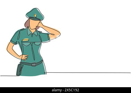 Eine einzige, nur eine Linie zeichnende Polizistin mit Call Me Geste und voller Uniform ist bereit, die Verkehrsdisziplin auf der Autobahn durchzusetzen. Standby auf Patrouille. Kontin Stock Vektor