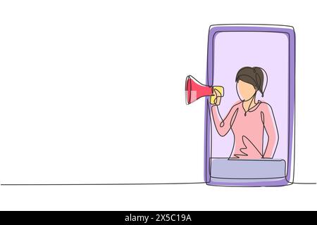 Durchgehende eine Linie, die junge Frau zeichnet, die aus dem Smartphone kommt und Megaphon hält. Angebot von Produkten mit Rabatten. Marketingkonzept. Einfach Stock Vektor