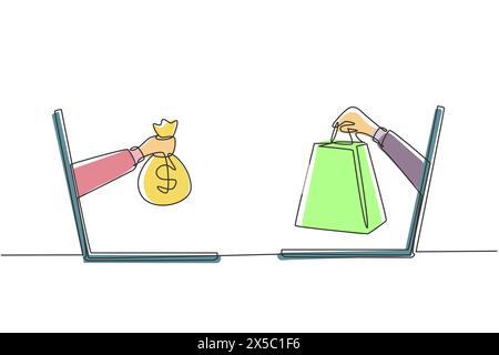 Eine einzige Linie, die zwei Hände aus dem Laptop-Bildschirm zieht, um Einkaufstaschen gegen Geldbeutel zu tauschen. Verkauf, digitales Zahlungskonzept. Modern durchgehend Stock Vektor