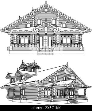 Holzhaus Aus Baumstämmen Vektor. Holzbau Konstruktion Struktur Illustration Isoliert Auf Weißem Hintergrund. Stock Vektor