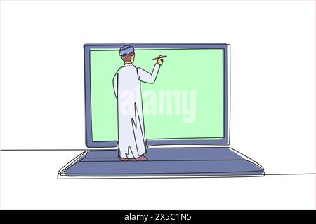 Hijab-Patientin mit einer durchgehenden Linie, die Hand schüttelt, mit einem männlichen Arzt in einem Smartphone, das das Clipboard hält. Online-medizinisches Konzept. Dynamisch ein Stock Vektor