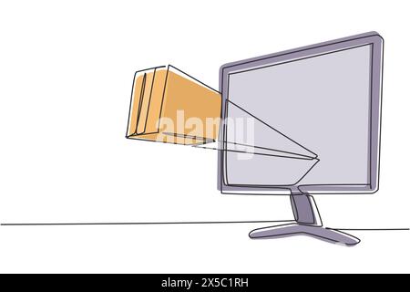 Paket mit einer einzelnen einzeiligen Zeichnung außerhalb des Monitorbildschirms. Web-Konzept für die Online-Bereitstellung. Schnelle Reaktion und Paketversand an den Kunden. Moderner Continuo Stock Vektor