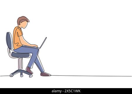 Eine durchgehende Linie zeichnet junger Mann mit Laptop auf dem Stuhl. Freiberufler, Fernunterricht, Online-Kurse und Studienkonzept. Dynamisch Stock Vektor