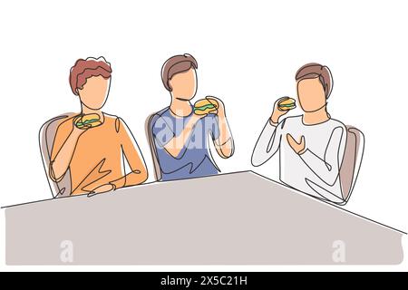 Einzelne durchgehende Linie, die junge lustige und lächelnde Männer zusammen zeichnet. Freunde essen Fast Food im Restaurant. Glückliche Leute sitzen und essen Stock Vektor
