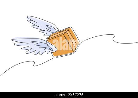 Durchgehende einzeilige Zeichnung Fliegende Paketbox mit Flügeln. E-Commerce, Online-Shopping. Online-Bereitstellungsdienst. Paketkonzept für schnelle Zustellung. Einfach Stock Vektor