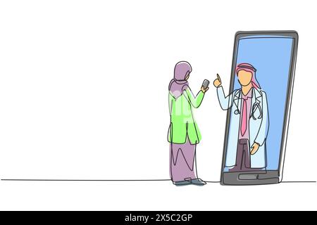 Durchgehende einzeilige Zeichnung Hijab weibliche Patientin mit Smartphone stehend mit Blick auf das riesige Smartphone und beratender männlicher Arzt. Arzt online. Einfach Stock Vektor