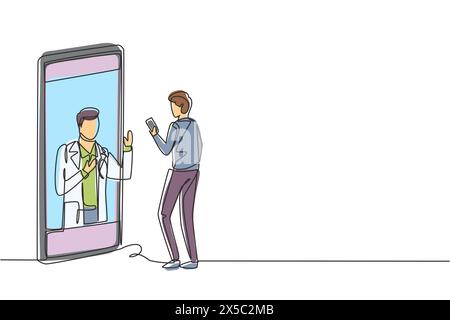Eine einzelne Linie zeichnender männlicher Patient mit Smartphone stehend mit Blick auf das riesige Smartphone und beratender männlicher Arzt. Arzt online. Modern durchgehend Stock Vektor