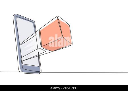 Paket mit einer durchgehenden Linienzeichnung aus dem Smartphone-Bildschirm. Telefon-Konzept für die Online-Zustellung. Versand von Paketen mit schneller Reaktion auf Mobilgeräte. Stock Vektor