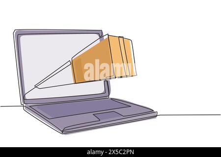 Paket mit durchgehender einzeiliger Zeichnung aus einem großen Laptop-Bildschirm. Konzept der Website für die Online-Bereitstellung. Schnelle Reaktion und Paketversand an den Kunden. Si Stock Vektor