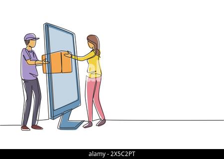 Ein männlicher Kurier mit einer durchgehenden Linienzeichnung liefert Paketpaket über den Monitor an weibliche Kunden. Konzept des Online-Bereitstellungsservices. Dynamisch Stock Vektor