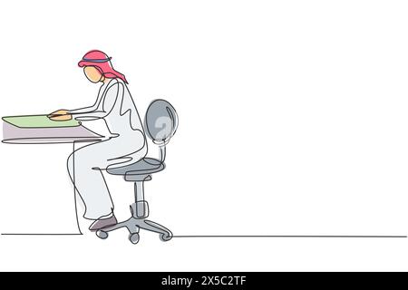 Eine Zeile zeichnet junge arabische Männer, die lesen, lernen und auf einem Stuhl um den Tisch sitzen. Studie in Bibliothek. Intelligenter Schüler, Bildung. Moderne Verbindung Stock Vektor