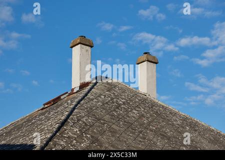 Schornsteine auf einem alten Hausdach Stockfoto