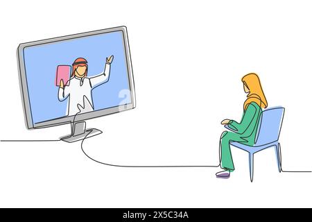 Durchgehende einzeilige Zeichnung Hijab weibliche Studentin sitzend studierend starrend auf den Monitor und im Laptop ist männlicher arabischer Dozent, der Te ist Stock Vektor