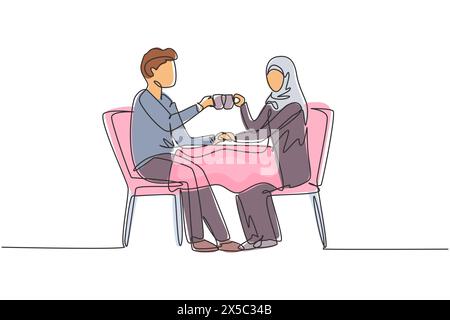 Durchgehende Linie, die junge arabische Paare beim romantischen Abendessen zieht, beide halten Tassen. Feiern Sie den Hochzeitstag im Luxusrestaurant. Singen Stock Vektor