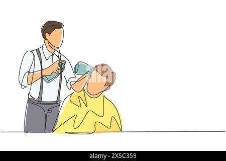 Der Friseur mit einer durchgehenden Strichzeichnung sorgt für Haarstyling mit Haarspray nach dem Haarschnitt im Friseurladen. Junger, gutaussehender Mann, der in moderner Ha Haare schneidet Stock Vektor