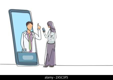 Eine einzige Zeile Hijab weibliche Patientin mit Smartphone stehend mit Blick auf das riesige Smartphone und beratender männlicher Arzt. Arzt online. Kontinuierlich Stock Vektor