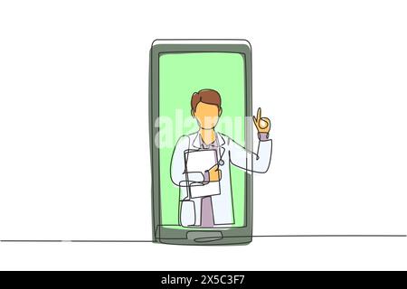 Ein einzelner, einzeiliger, männlicher Arzt kommt aus dem Smartphone-Bildschirm, der die Zwischenablage hält. Online-medizinische Dienste, ärztliche Beratung. Modern durchgehend Stock Vektor