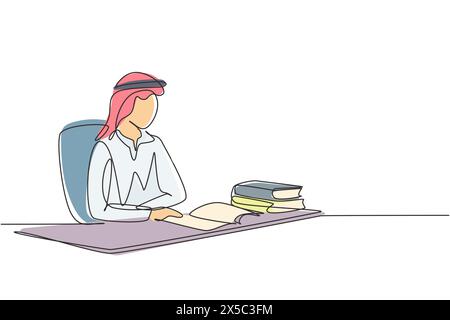 Durchgehende Linie, die junge arabische Männer liest, lernt und auf einem Stuhl um den Tisch sitzt. Studie in Bibliothek. Intelligenter Schüler, Bildungskonzept. S Stock Vektor