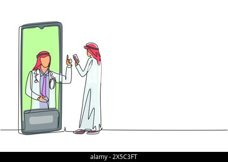Eine einzige Zeile zeichnet arabischer männlicher Patient, der Smartphone hält, steht mit Blick auf das riesige Smartphone und berät männlichen Arzt. Arzt online. Moderne Verbindung Stock Vektor