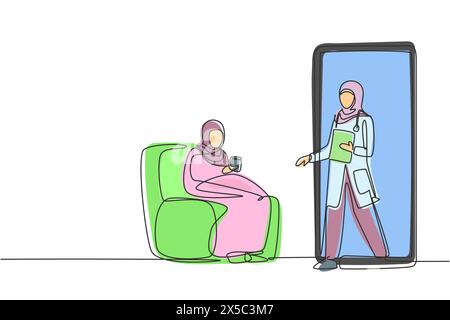 Einzelne durchgehende Linie Hijab weibliche Patientin, die auf dem Sofa zusammengerollt sitzt, eine Decke benutzt, einen Becher hält und es gibt eine Ärztin, die aus sm geht Stock Vektor