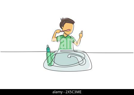 Ein einziger, durchgehender Zeichnungsjunge, der sich die Zähne putzt, mit der Daumen-nach-oben-Geste. Routinegewohnheiten für Sauberkeit, Gesundheit, Frische von Mund und Zähnen. Ein Stock Vektor