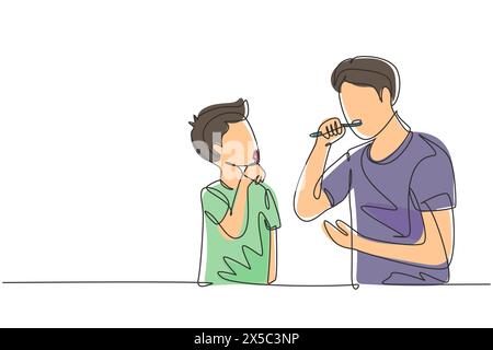 Ein einziger, einzeiliger Vater, der seinem Sohn das Zähneputzen im Badezimmer beibringt. Routinegewohnheiten für Sauberkeit und Gesundheit von Mund und Zähnen. Moderne konti Stock Vektor