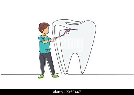 Ein durchgehender, einzeiliger Junge, der riesige Zähne mit einer Zahnbürste putzt. Symbol Zahnklinik, Zahnheilkunde Krankenhaus und Mundpflege Zentrum. Zahnpflege. Singen Stock Vektor