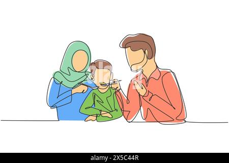 Eine durchgehende Linie zeichnet eine arabische Familie, die Spaß im Restaurant hat. Die Eltern ernähren sich von den Jungen mit Liebe. Fröhliches kleines Familienkonzept. Dynami Stock Vektor