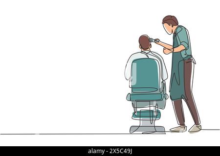 Durchgehende, einzeilige Rückansicht eines hübschen Friseurs, der Haare eines jungen männlichen Kunden schneidet. Friseursalon, der Gäste im Friseurladen bedient. Einzel Stock Vektor