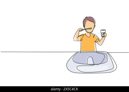 Ein durchgehender, einzeiliger Junge, der seine Zähne im Waschbecken putzt. Routinegewohnheiten jeden Morgen für Sauberkeit, Gesundheit und Frische von Mund und Zähnen. Si Stock Vektor