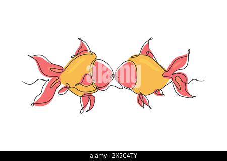Eine durchgehende Linie, die zwei Goldfische zieht, die sich unter Wasser küssen. Zwei süße Haustiere. Gemeinsam im Aquarium leben. Symbol für ein glückliches romantisches Paar. Dynamisch Stock Vektor