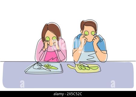 Einzelne durchgehende Linie zeichnet die schöne Frau und ihr gutaussehender Ehemann halten Gurkenscheiben und lächeln beim Kochen in der Küche zu Hause. Ein Stock Vektor