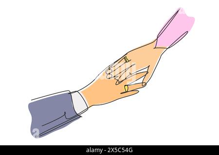 Einzelne, durchgehende Linienzeichnung Hand von Bräutigam und Braut mit Eheringen. Braut und Bräutigam schwören an ihrem Hochzeitstag Loyalität. Die Trauung Stock Vektor