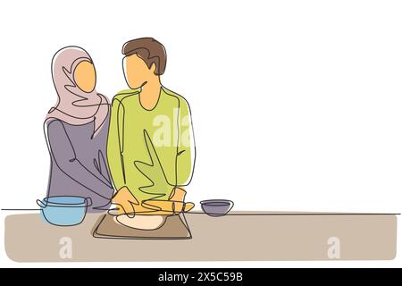 Durchgehende Linie, die ein romantisches arabisches Paar zeichnet, das sich ansieht, während er während der Zubereitung von Gebäck in der gemütlichen Küche zuhause weichen Teig wälzt. Sünde Stock Vektor