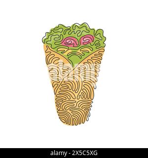 Eine einzelne Zeile mit Shawarma- oder Hühnerpackung. Türkisches Fast Food mit Fleisch und Gemüse. Mahlzeit auf dem Grill mit Shawarma. Wirbelnde Lockenform. Kontinuierlich Stock Vektor