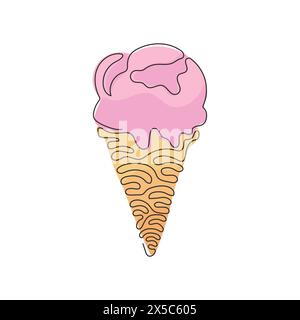 Eine durchgehende Linie, die köstliche Eissorten in knusprigen Waffeln zieht. Leckeres süßes Eis. Desserts im kalten Sommer. Wirbelnde Lockenform. Dynamisches Modell Stock Vektor