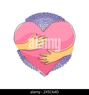 Einzelne einzeilige Zeichnung umarmen Herzform Design Vektorvorlage. Symbol oder Logo für Gesundheitssymbol. Hintergrundstil mit kreisenden Wellen. Stock Vektor