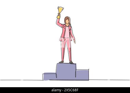Eine einzelne durchgehende Linie, die junge Geschäftsfrau im Blazer zeichnet, die goldene Trophäe mit einer Hand auf dem Podium hebt. Feiern Sie die Unternehmensleistung. Eins Stock Vektor