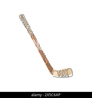 Eine einzelne Linie, die Eishockeyschläger zieht. Hockey Puck Stick, Sporteis, Spielausrüstung, Tor oder Wettkampf, Freizeitaktivitäten. Wirbelnde Lockenform. Konti Stock Vektor