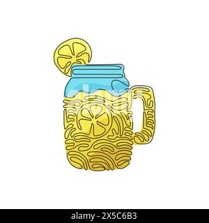 Eine Linie, die handgezeichnete Zitrone, Zitronenscheibe, Glas mit Limonade zeichnet. Frische kaltes Trinkwasser im Sommer. Wirbelnde Lockenform. Moderne kontinuierliche Li Stock Vektor