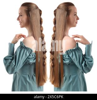 Porträt von Zwillingsschwestern auf weißem Hintergrund Stockfoto