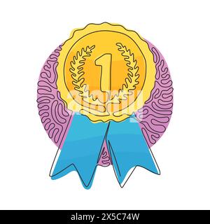 Eine einzige Linie, die Goldmedaille zieht, Gewinnerpreis. Circle Awards mit Bändern und Zahlen-eins-Symbol. Hintergrundstil mit kreisenden Wellen. Moderner Continuo Stock Vektor